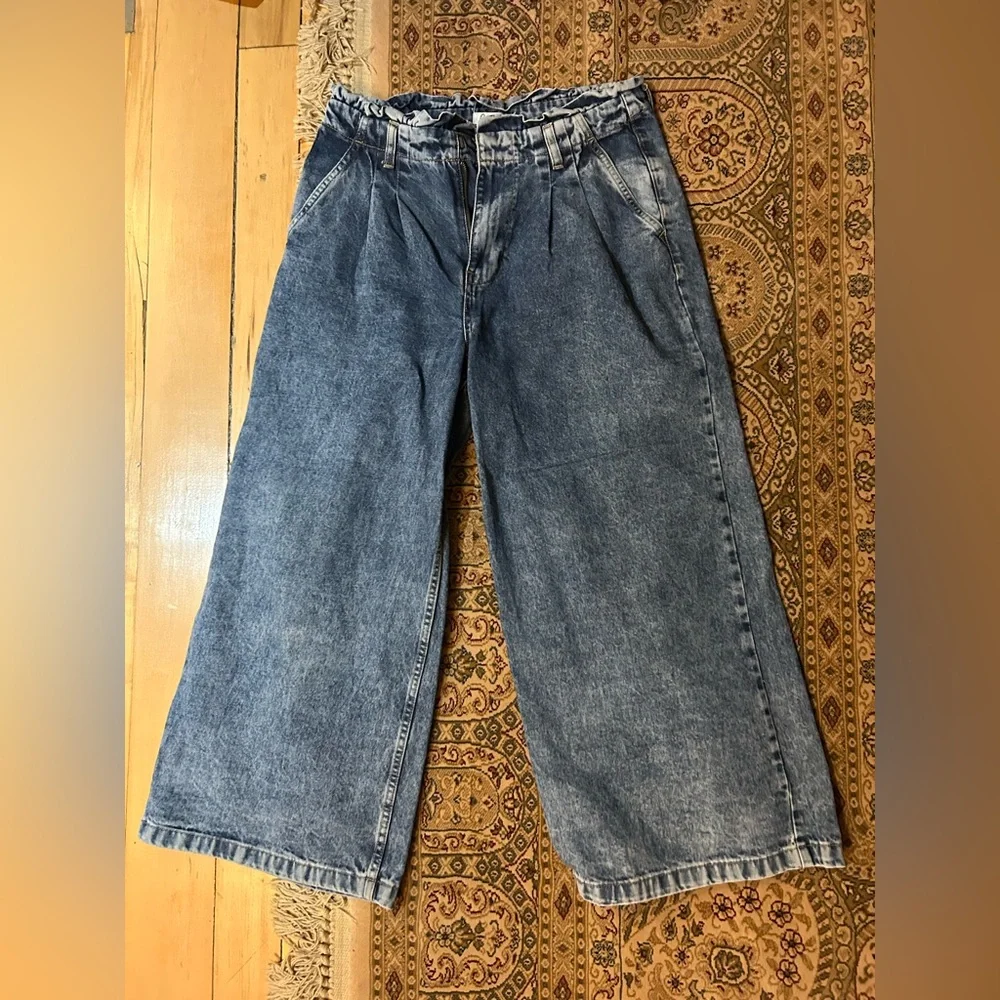 People pleated High Rise Blue Acid Wash Wide-Leg Jeans Size 28 - Picture 3 of 13